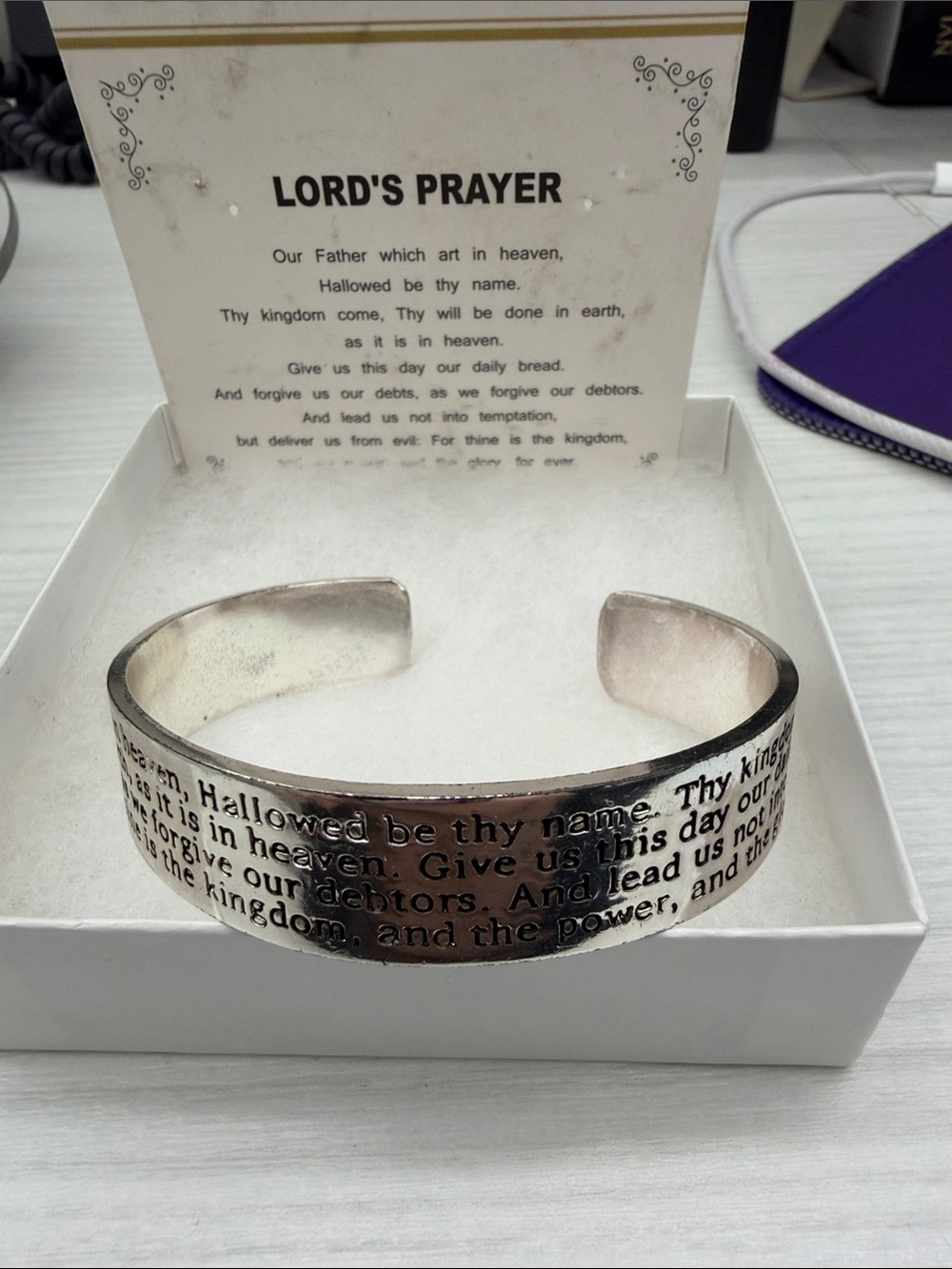 Lord's Prayer Engraved Silver Cuff Bracelet